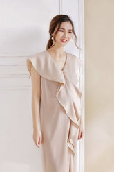 Silk Midi Dress with V-Neckline and Draped Front Ruffle